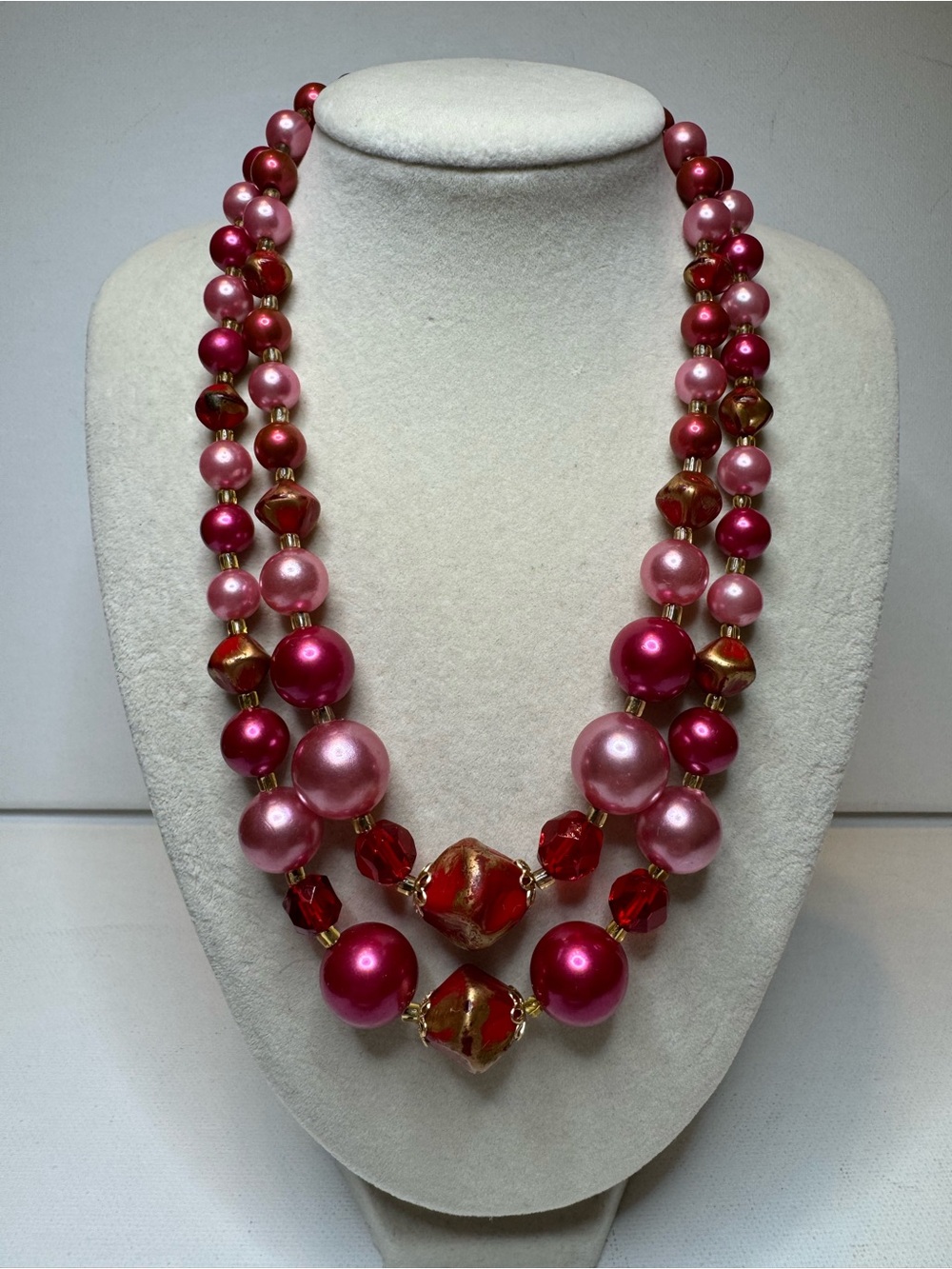 Vintage Japan Double Strand Pink & Red Glass Bead Necklace